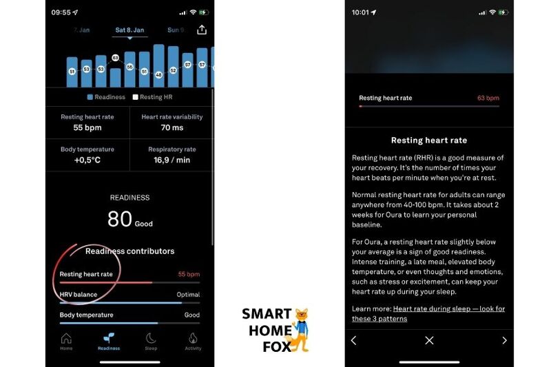 Отображение измерения частоты сердечных сокращений в состоянии покоя в приложении Oura Арр